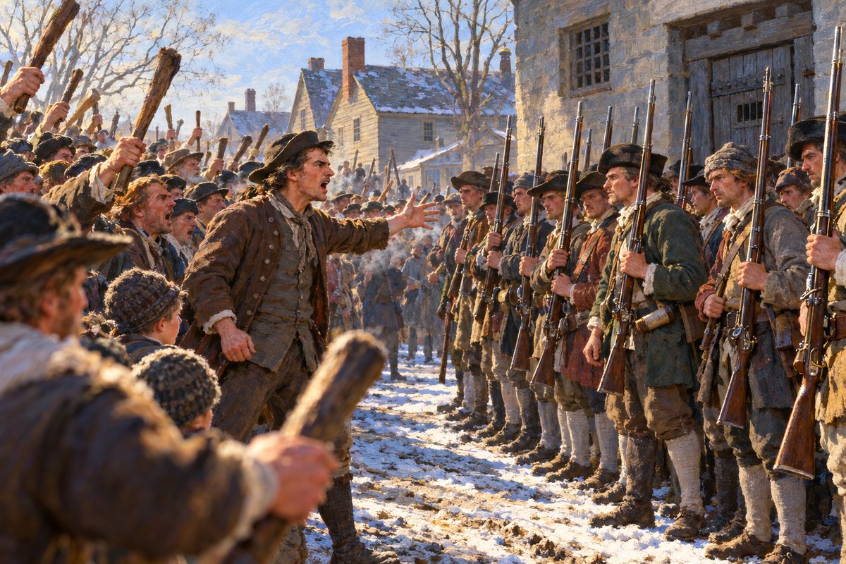 A lean farmer with one arm flung out leads a packed crowd with raised clubs across a frozen street toward a double rank of militia holding muskets upright before a plain jail, on a cold bright winter morning.