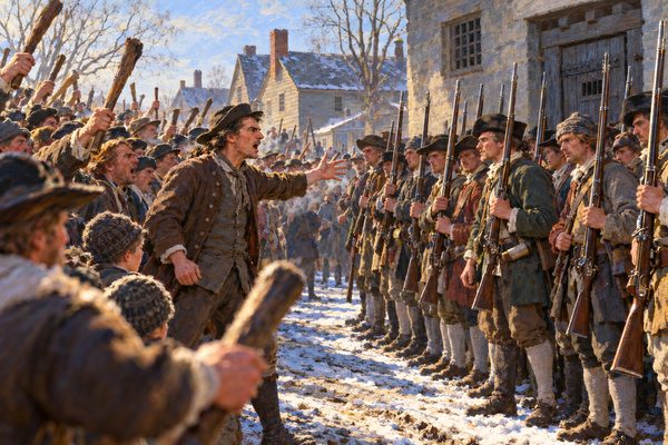 A lean farmer with one arm flung out leads a packed crowd with raised clubs across a frozen street toward a double rank of militia holding muskets upright before a plain jail, on a cold bright winter morning.