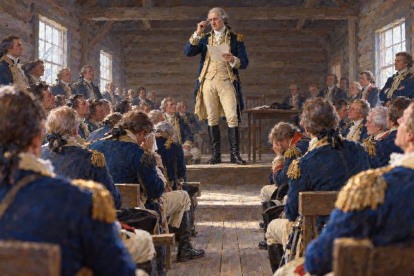 In a long log hall under grey window light, a tall grey-haired man in a blue coat lifts spectacles to his face with a letter in his other hand, as rows of officers on benches look up at him, some wiping their eyes.
