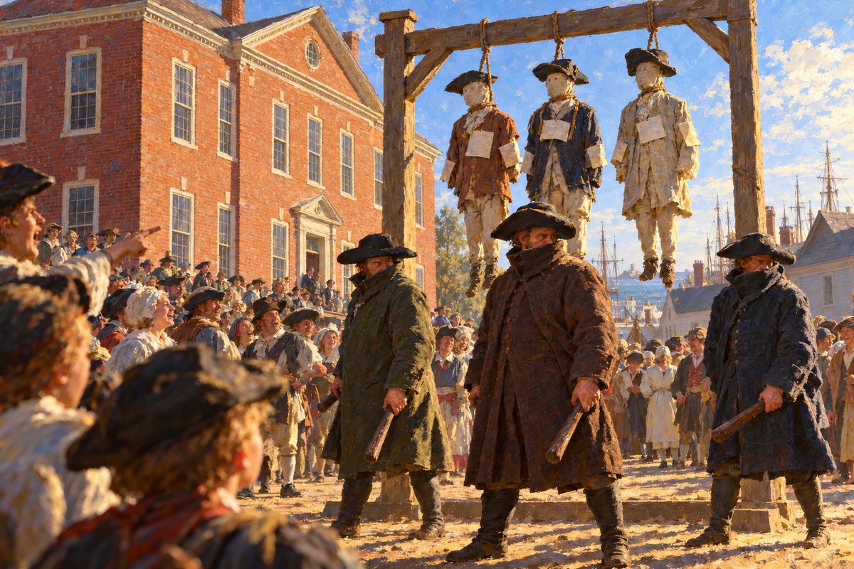 Before a long brick courthouse, three cloth effigies with ropes round their necks hang from a wooden gallows in afternoon sun, while three hunched men in heavy coats and flapped hats hold clubs in front of it and a crowd looks up.