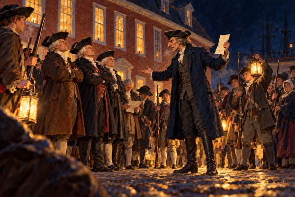 At night before a lit brick courthouse, a tall gaunt general holds up a paper toward three proud gentlemen with folded arms, while young soldiers with muskets and lanterns stand round them.