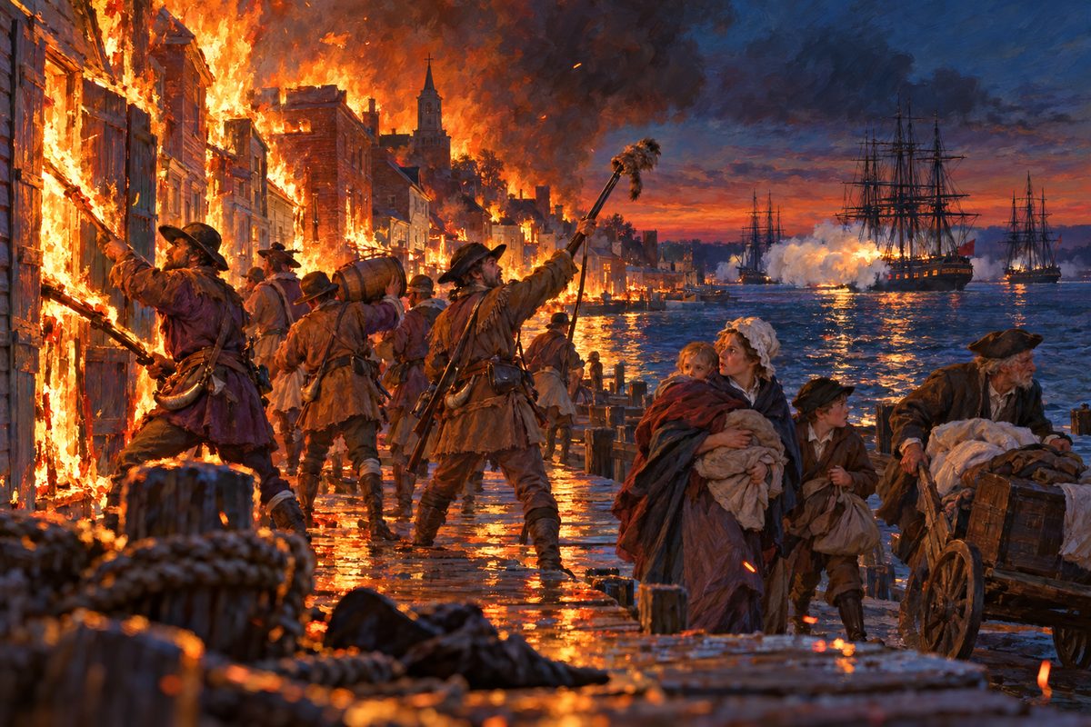 At dusk on a wharf, soldiers in long hunting shirts thrust torches into burning wooden houses and warehouses, while a frigate in the river fires a broadside and a family with a handcart flees along the quay.