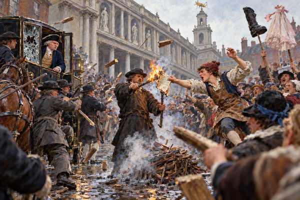 In a grey London street before an arcaded exchange, a young man in a knitted cap snatches a smoking paper from a hangman's torch as a packed crowd hurls wood, a gentleman watching from a carriage with a broken window.