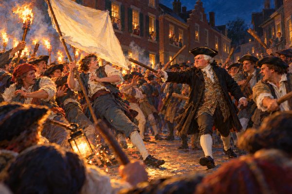 On a night street, torchlit marchers behind a tall plain banner stagger back as a crowd of men with raised sticks, led by a stout merchant in a wig and cocked hat, surges into them between rows of brick houses with lit windows.
