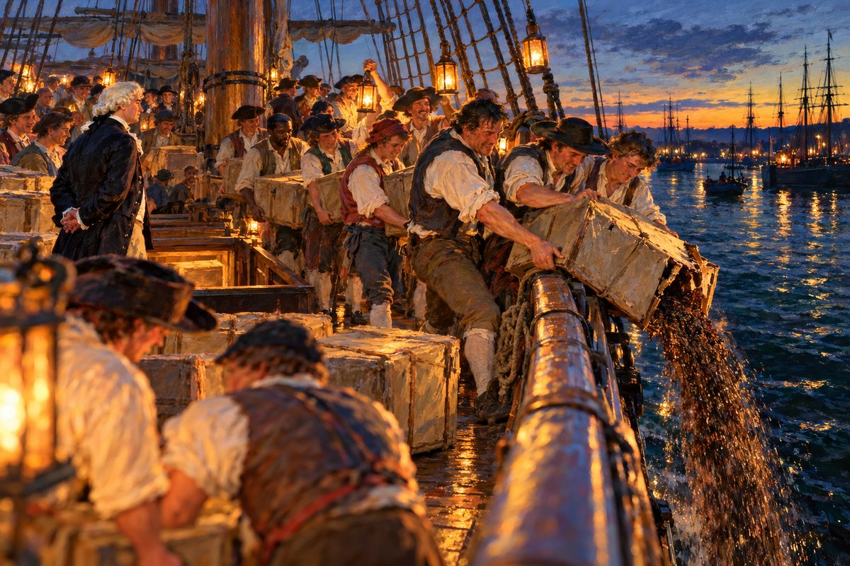 By lantern light on a ship's deck at dusk, New Yorkers in shirts and round hats tip a stove-in tea chest over the rail so dark tea pours into the river, while others carry chests from an open hatch and a gentleman in a white wig looks on.