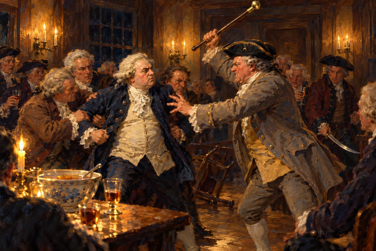 In a candlelit tavern room, a florid man in a grey coat raises a cane over a stout man in a blue coat and white wig who is held by the arms by several others, as watchers half rise from their chairs around them.