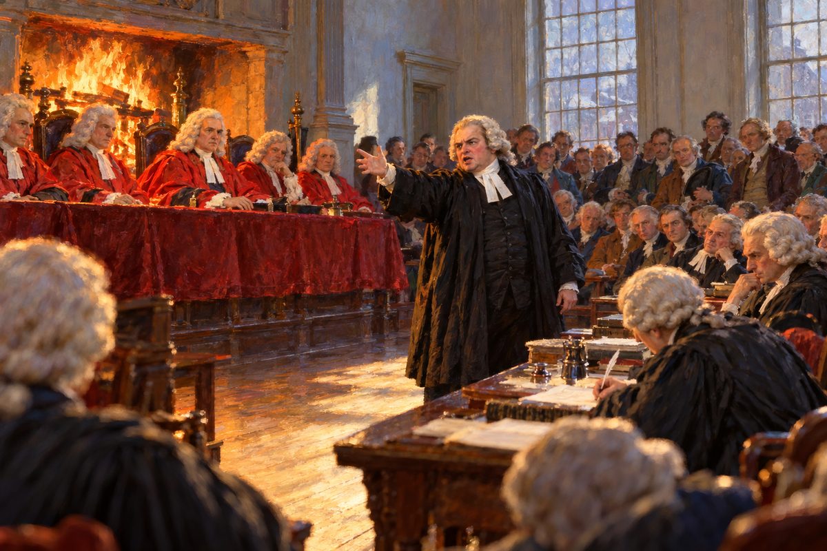 In a high panelled chamber lit by a great fire, a stout man in a black gown and white wig flings out one arm before five judges in scarlet robes and white wigs, while gowned barristers at a long table and a packed crowd watch.