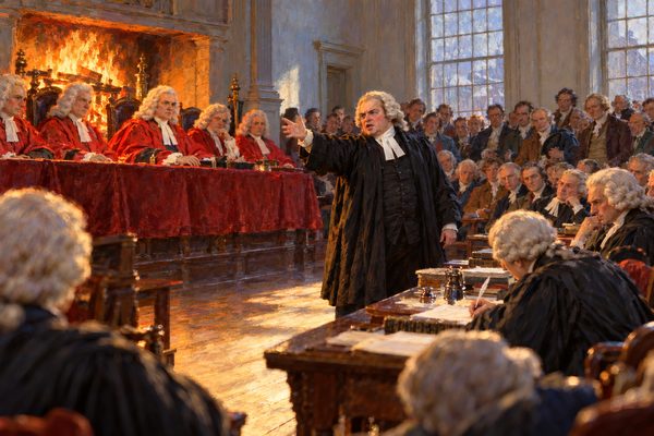 In a high panelled chamber lit by a great fire, a stout man in a black gown and white wig flings out one arm before five judges in scarlet robes and white wigs, while gowned barristers at a long table and a packed crowd watch.