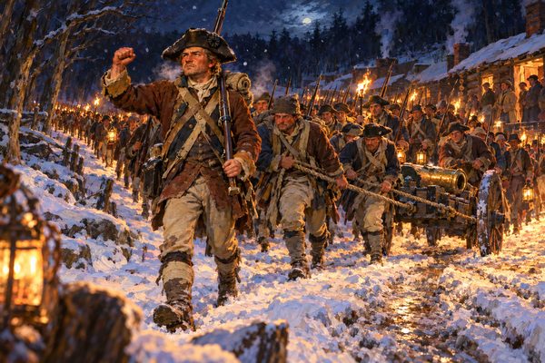 At night in the snow a stocky sergeant strides at the head of a long column of ragged soldiers, one fist raised, behind men hauling a small cannon on ropes, torches burning, rows of log huts behind them.