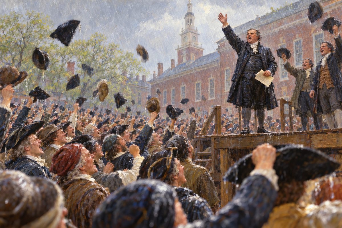In a driving rain a stout man in a dark coat stands on a plank stage holding a paper while a vast crowd of men cheers and throws hats into the air before a red brick State House with a tall steeple.