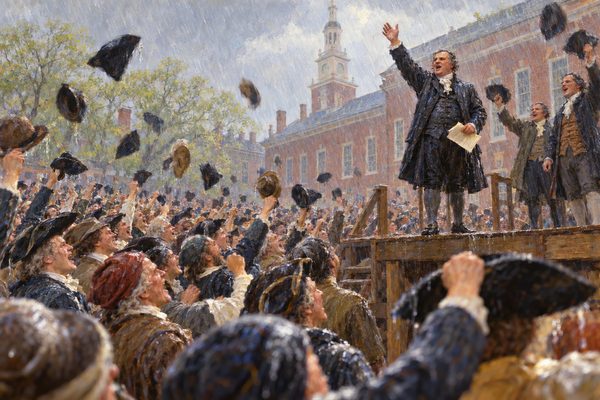 In a driving rain a stout man in a dark coat stands on a plank stage holding a paper while a vast crowd of men cheers and throws hats into the air before a red brick State House with a tall steeple.
