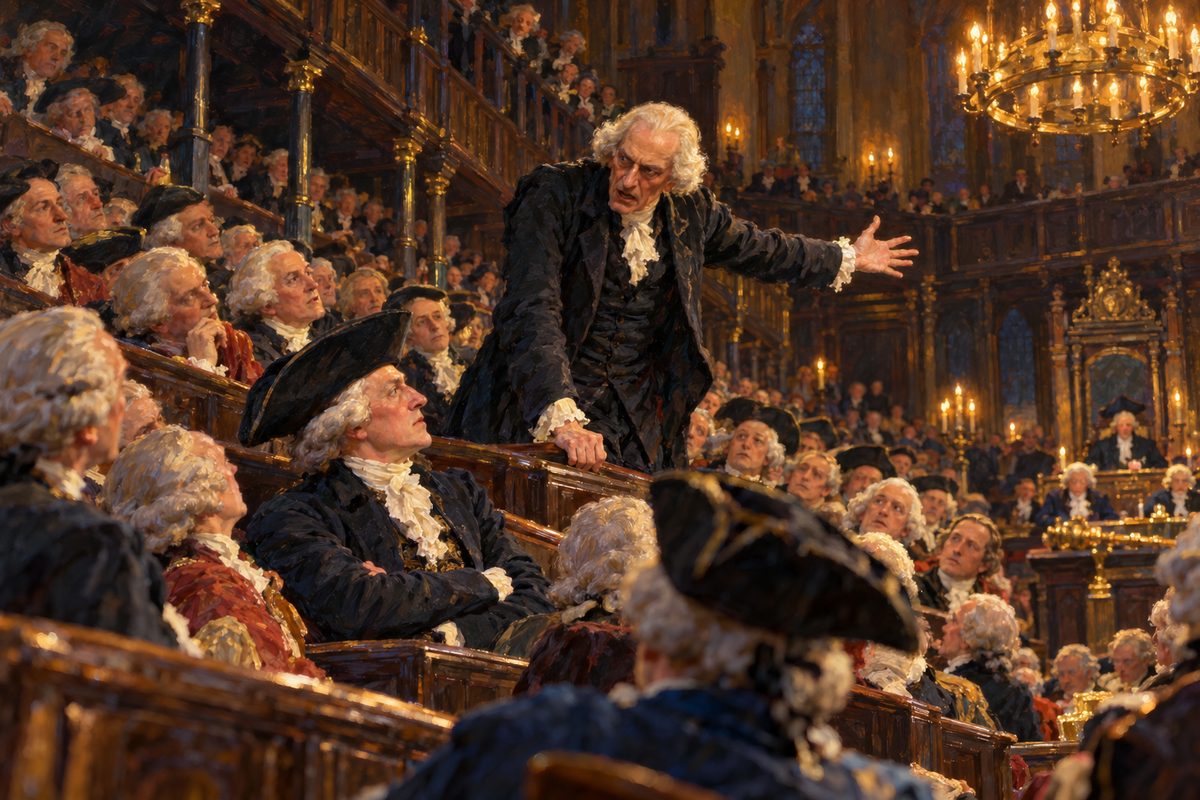 In a packed, candle-lit chamber of tiered benches a gaunt man in a white wig stands gripping the bench before him, one arm flung out, looking down at a seated man with folded arms, as rows of wigged members turn to watch.