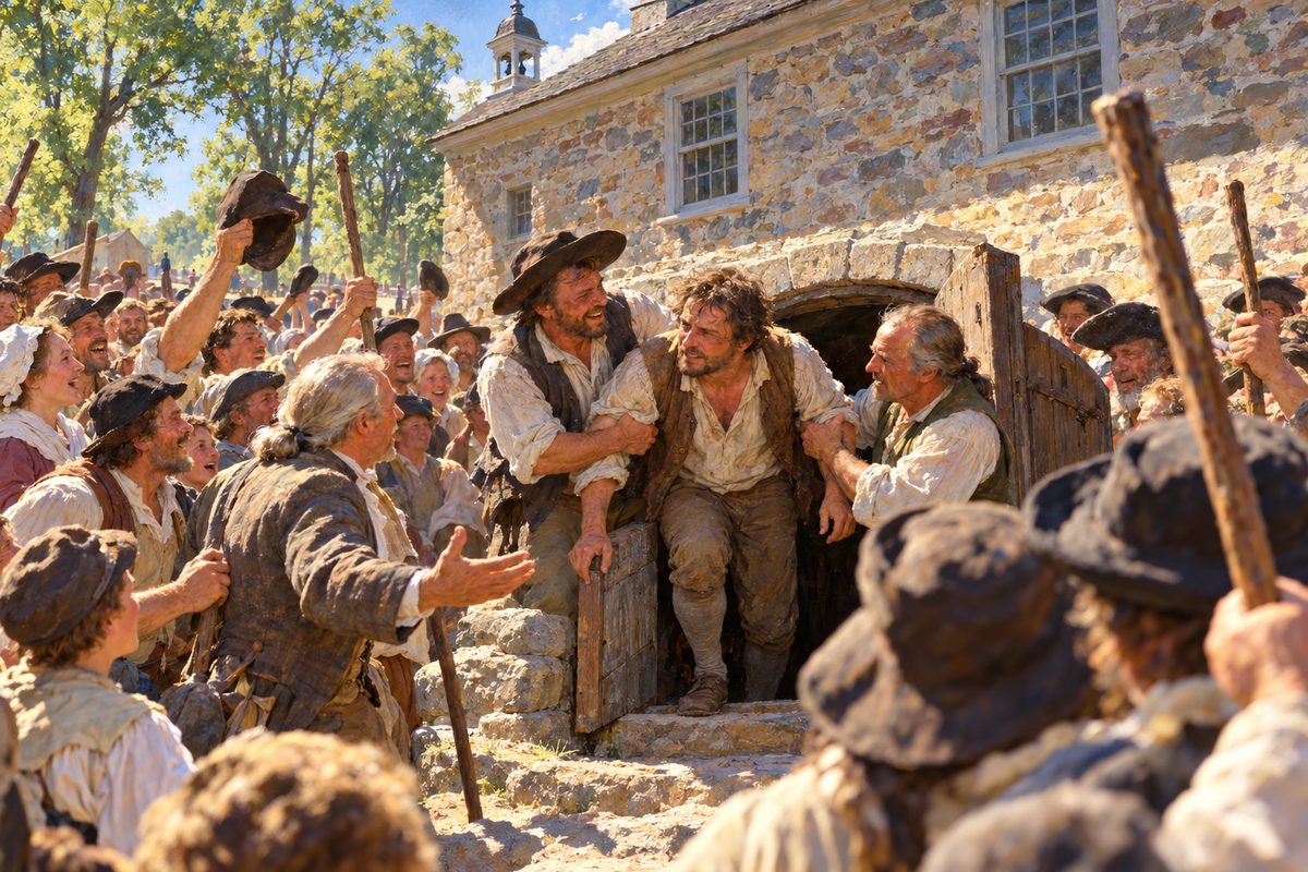 A tired, unshaven man in shirt and waistcoat stoops out through a low stone cellar door into bright sun, caught by the forearms by two farmers, as a packed crowd in felt hats raises staves around him.