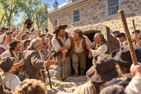 A tired, unshaven man in shirt and waistcoat stoops out through a low stone cellar door into bright sun, caught by the forearms by two farmers, as a packed crowd in felt hats raises staves around him.