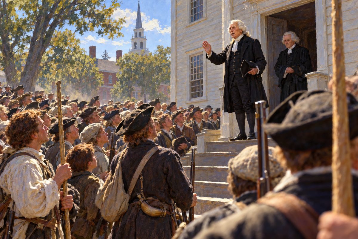 A white-wigged old judge stands on wooden court house steps with one hand raised as a packed crowd of dusty farmers in felt hats, some with staves and grounded muskets, looks up at him in silence on a sunlit road.