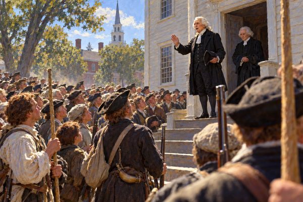 A white-wigged old judge stands on wooden court house steps with one hand raised as a packed crowd of dusty farmers in felt hats, some with staves and grounded muskets, looks up at him in silence on a sunlit road.