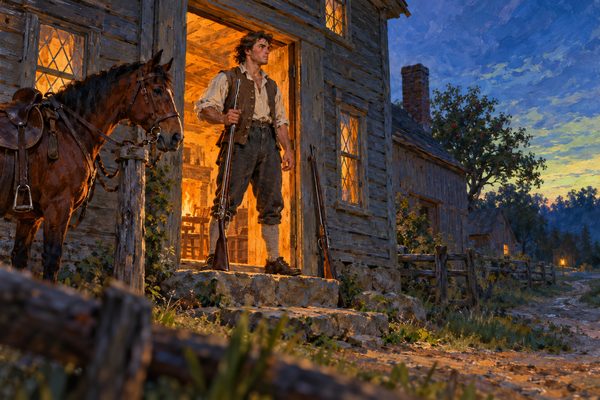 A young farmer in shirtsleeves and a waistcoat stands in the firelit doorway of a clapboard farmhouse at dusk, a musket upright at his side, looking down an empty lane while a saddled horse waits at the post.