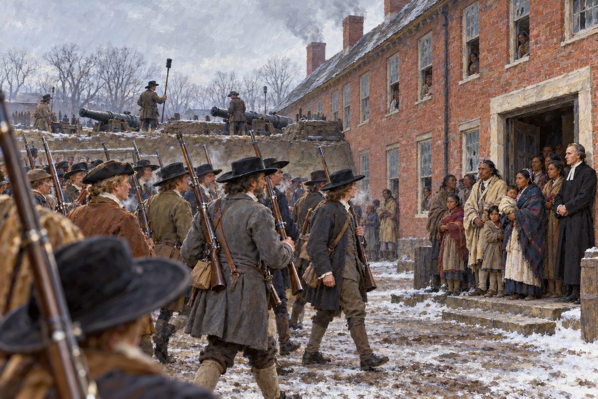 In a winter barracks square, plain-coated men in broad hats march with muskets on their shoulders past a line of cannon toward a doorway where Indian families in simple clothes stand and watch.