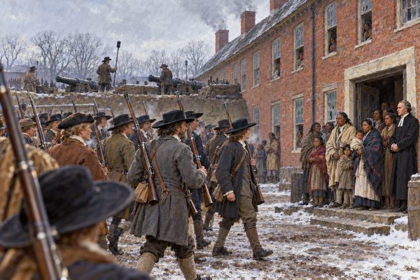 In a winter barracks square, plain-coated men in broad hats march with muskets on their shoulders past a line of cannon toward a doorway where Indian families in simple clothes stand and watch.
