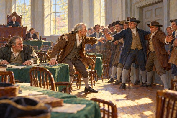 In a tall, plain hall with a raised platform at the far end, a grey-haired man in a torn brown coat lunges toward a side door while townsmen spread their arms to block it, as a thickset man glares from a table.