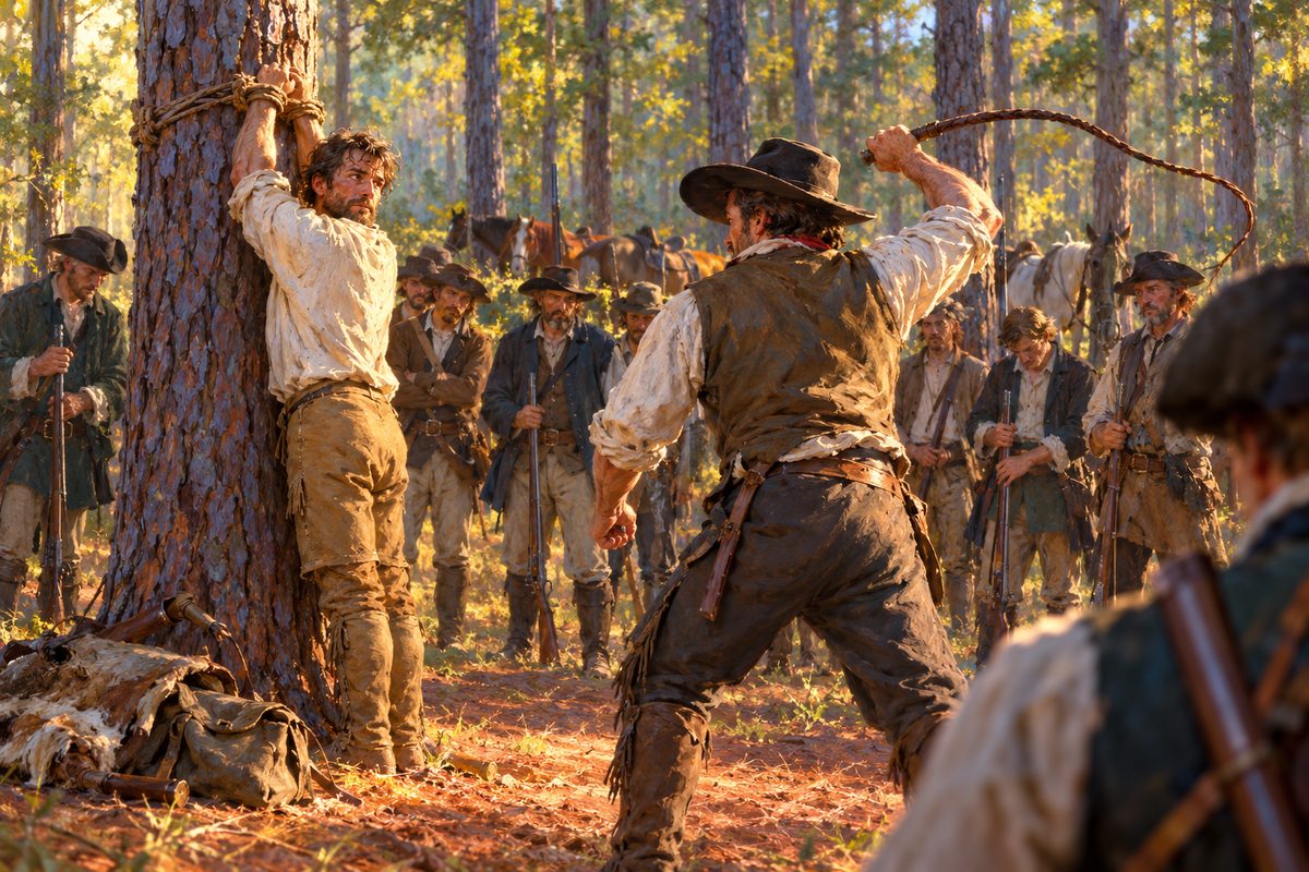 In a sunlit pine clearing a bearded man stands with his wrists bound around a tree trunk, looking back over his shoulder, while a man behind him draws back a whip and armed men look on.