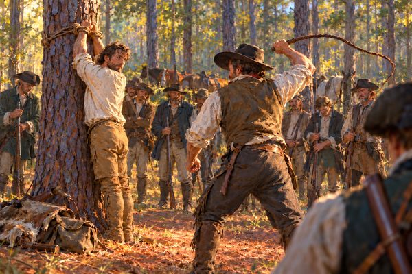 In a sunlit pine clearing a bearded man stands with his wrists bound around a tree trunk, looking back over his shoulder, while a man behind him draws back a whip and armed men look on.