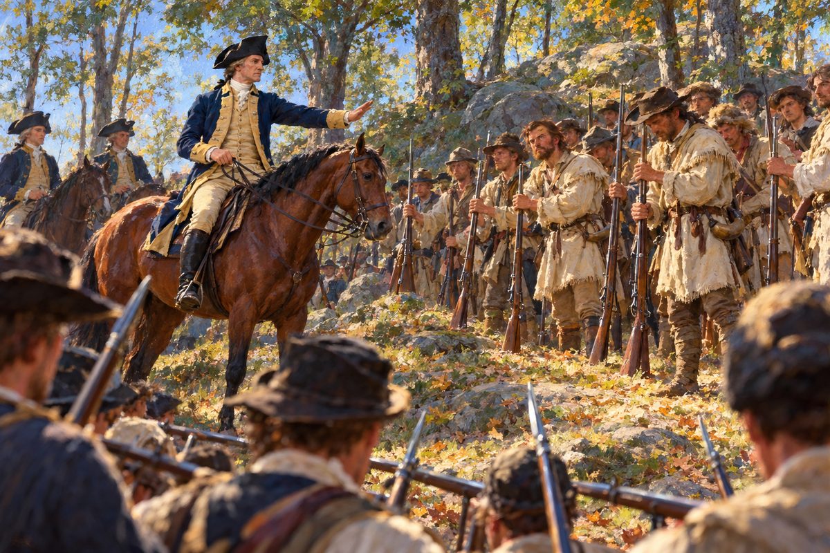 On a wooded hill a tall rider in a blue coat holds out a hand to frontiersmen in pale fringed hunting frocks, who lower long rifles to the ground, while a ring of infantry with fixed bayonets surrounds them.