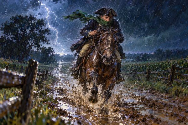 A thin rider in a green scarf and dark coat gallops a muddy, sweating horse straight toward the viewer down a night road, lit by a fork of lightning, with slanting rain over flat fields and fences.