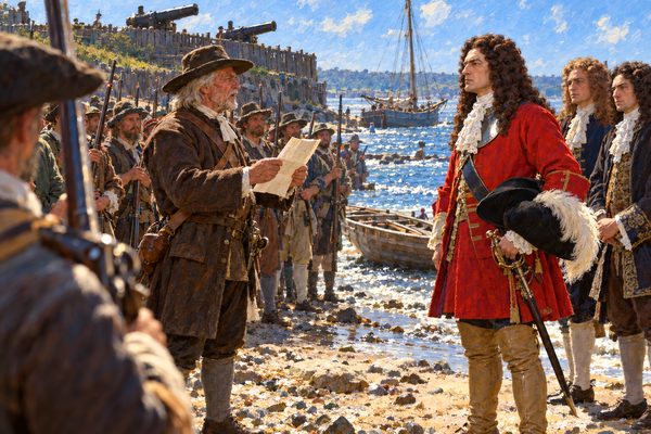 A gray-haired officer in a plain brown coat reads from a paper to a tall, wigged gentleman in a red coat on a shingle beach, with soldiers holding muskets behind him and a small fort and ship beyond.