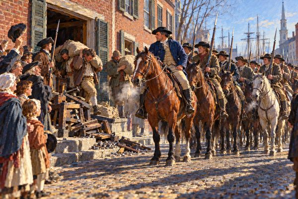 In a cold bright street a stocky rider leads two ranks of horsemen with fixed bayonets before a brick shop, while men carry out sacks and a wrecked press and a crowd on the pavement cheers.