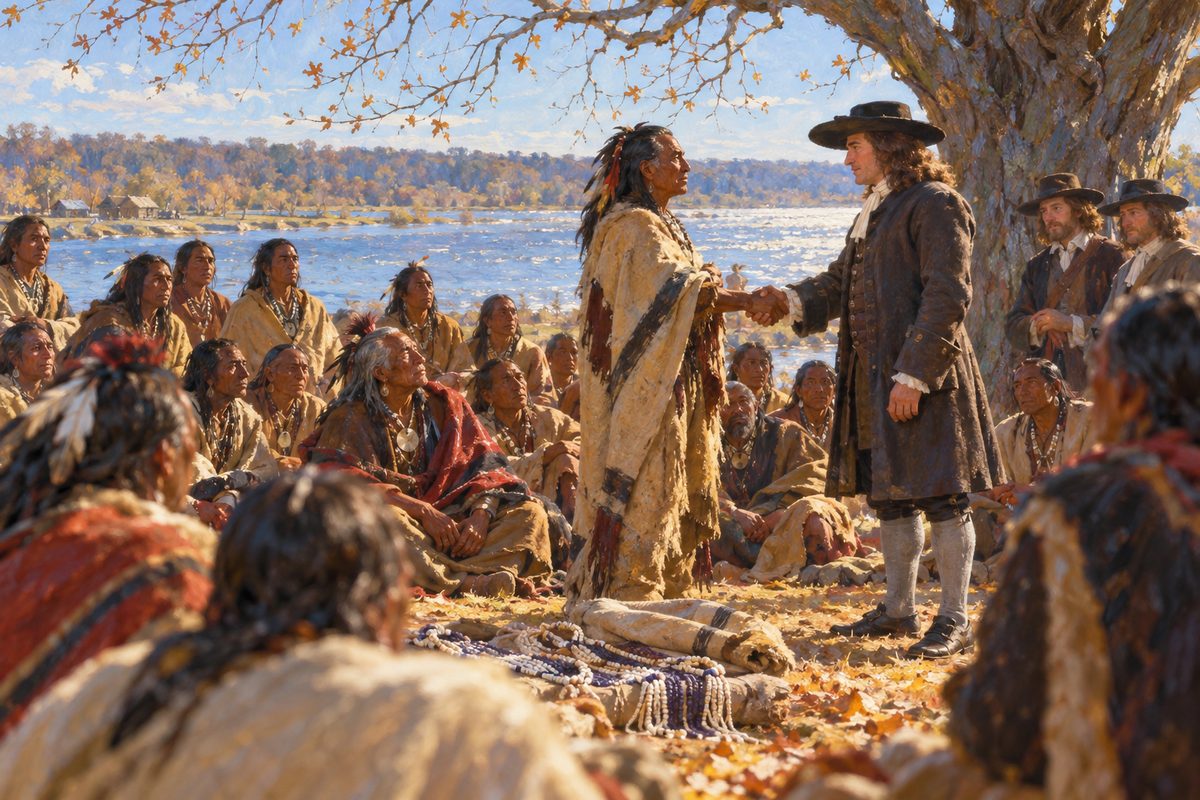 A man in a plain dark coat and broad-brimmed hat clasps the hand of a standing Lenape speaker before a half-circle of seated Lenape elders in woven mantles, beneath a great bare elm above a wide river.