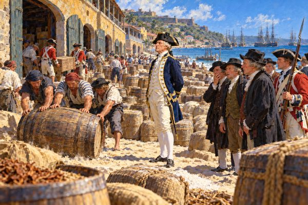 On a tropical beach a thin old admiral in a blue and white coat stands among rows of barrels while sailors roll more from stone warehouses and Dutch merchants in dark coats look on, stunned, under a hard blue sky.