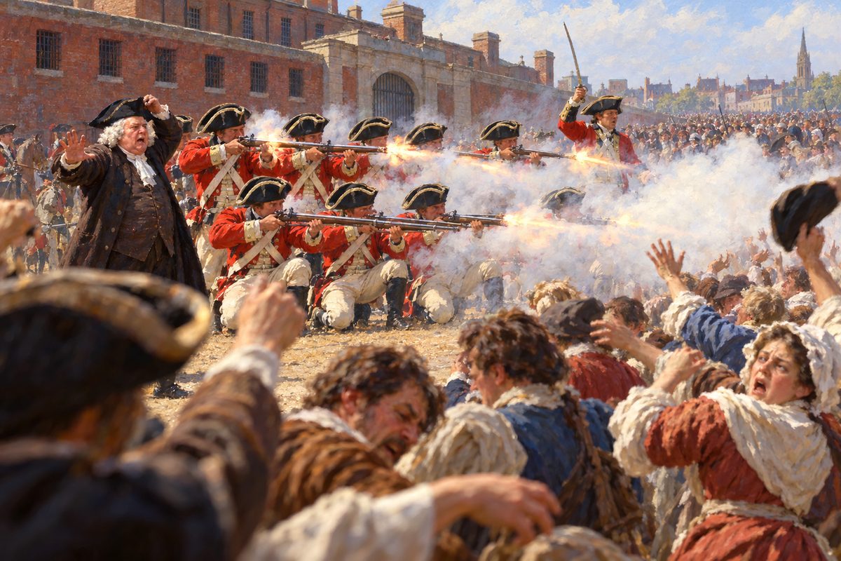 Before a high brick prison wall, a double rank of redcoated soldiers fires in thick white smoke while a magistrate in a wig flings out an arm, and a packed crowd in the foreground recoils with raised hands and hats.