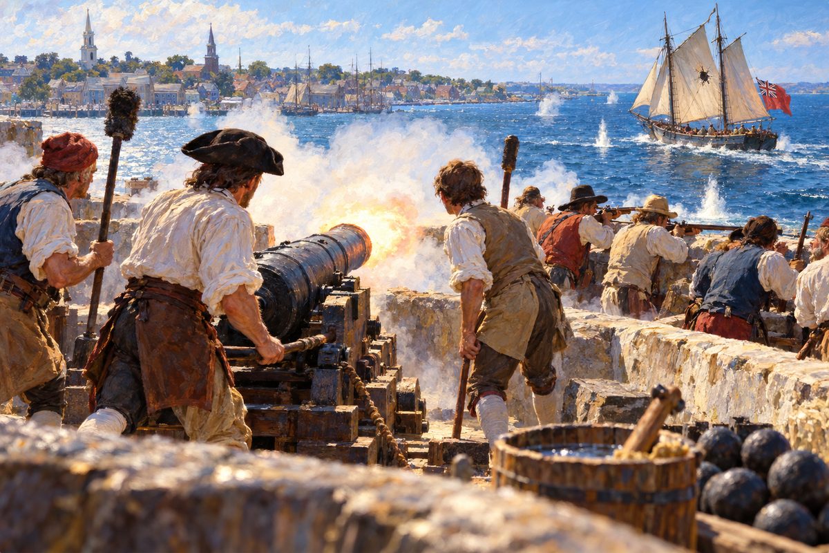 Behind a stone fort wall, gunners beside a cannon wreathed in white smoke and townsmen with muskets watch a small two-masted schooner sail away across sunlit water below a far shore of roofs and steeples.