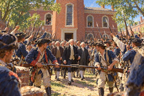 Two ranks of soldiers with fixed bayonets line a lane across a yard before a red-brick hall with a tower, while a small group of men in dark coats and white wigs walks down it, and soldiers raise muskets toward the windows.