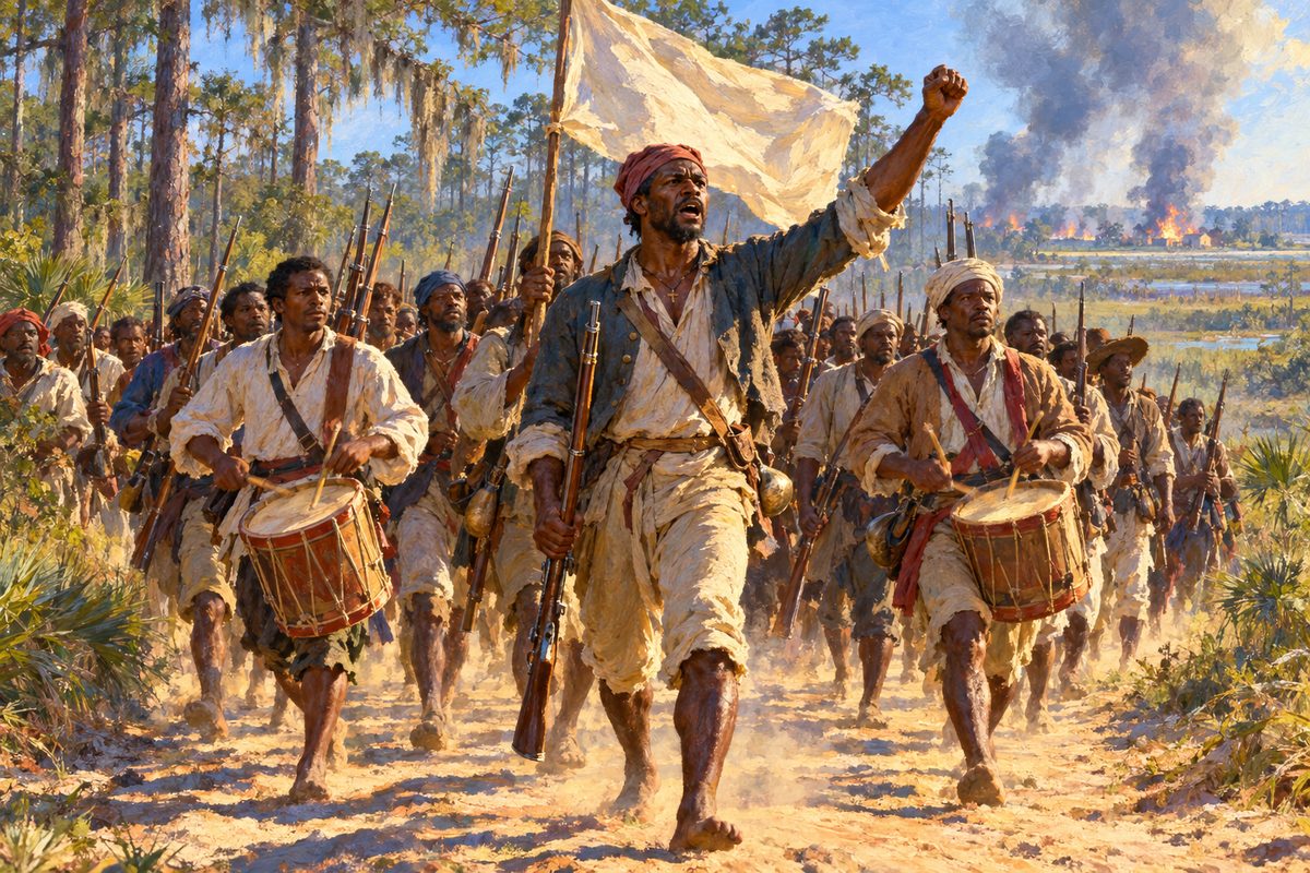 Along a sandy pine-lined road a column of enslaved men in plain shirts and caps marches toward the viewer behind a bareheaded leader, two drummers and a raised pale banner, muskets on shoulders, smoke rising far behind them.