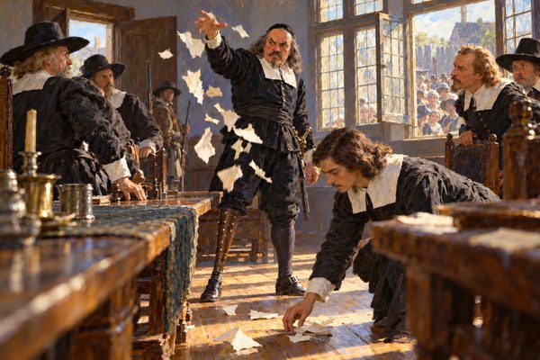 In a plain council room, a stern man in black with a wooden leg flings torn paper to the floor while burgomasters draw back and a young man stoops to gather the scraps.