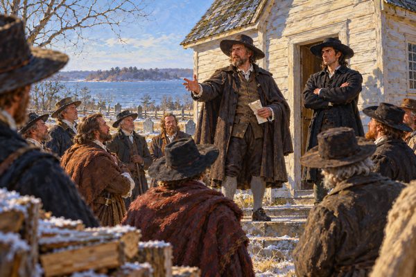 A broad-shouldered man in a dark coat and wide hat stands on the step of a small wooden church and speaks to a half circle of men in winter cloaks on frosty ground, with a wide river behind them.