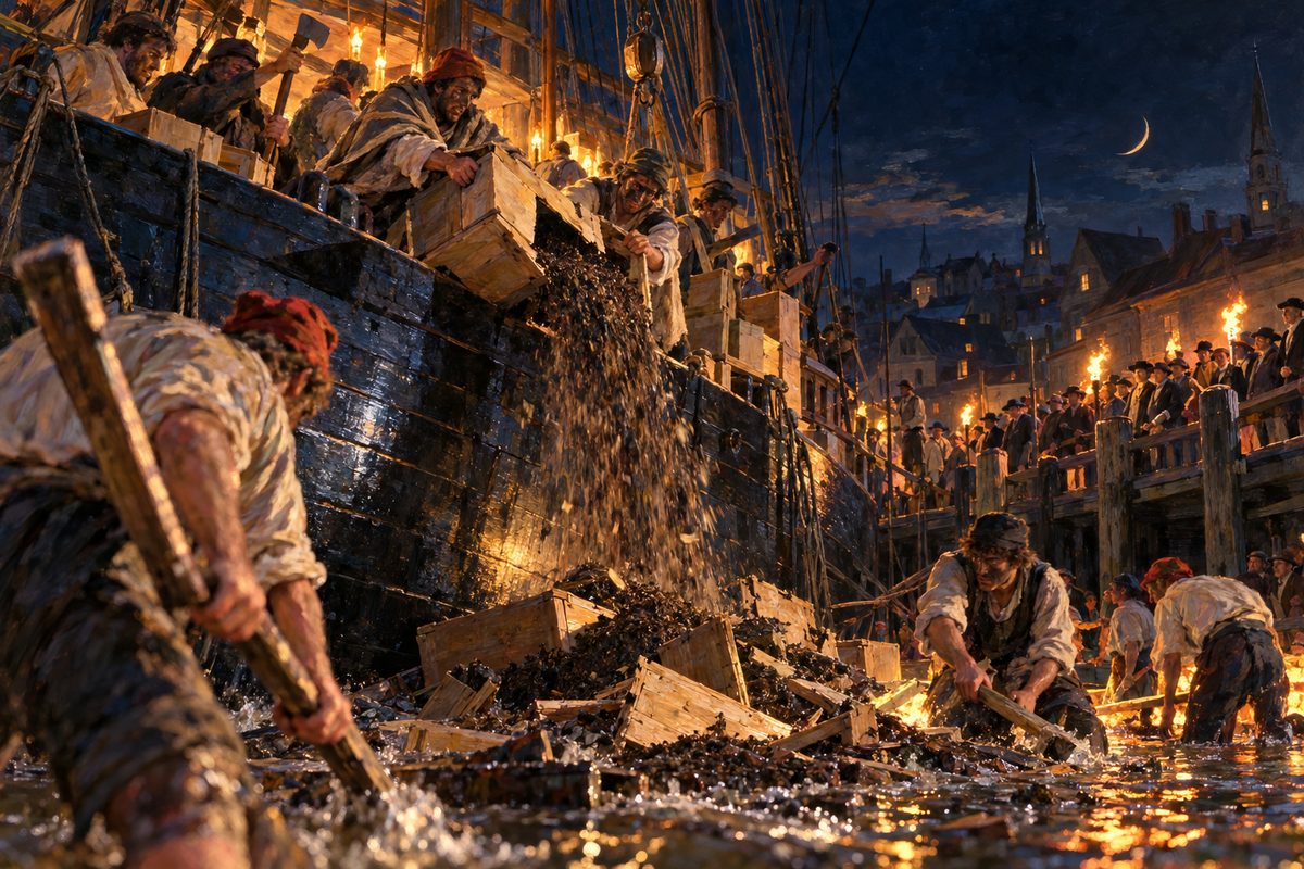 From low on the mud beside a ship's dark hull, men with blackened faces and blankets tip a split chest over the rail, tea pouring onto a heap of leaves and broken boards where bare-armed youths beat it with staves. Torchlit onlookers line the wharf.