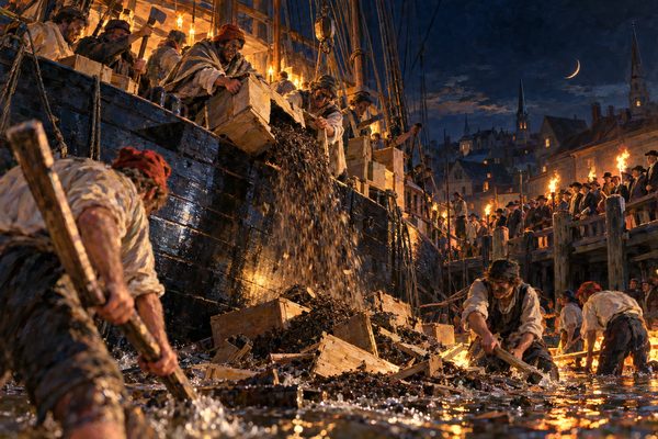 From low on the mud beside a ship's dark hull, men with blackened faces and blankets tip a split chest over the rail, tea pouring onto a heap of leaves and broken boards where bare-armed youths beat it with staves. Torchlit onlookers line the wharf.