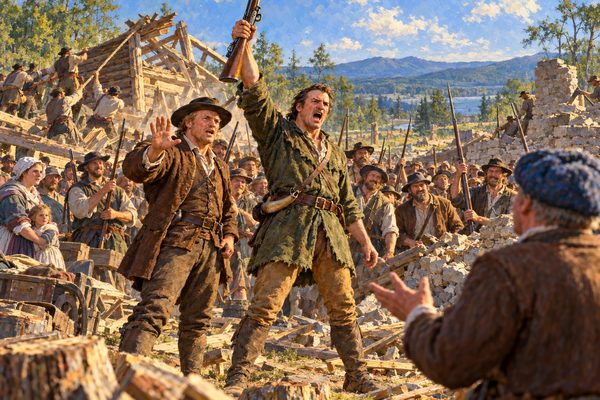 In a forest clearing a tall man shouts with a long gun raised high overhead, muzzle to the sky, beside a stocky man holding up an open hand, before a crowd of armed countrymen pulling down a half-built log house.