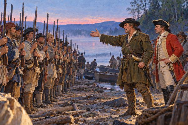 At gray dawn on a lake shore a tall man in a hunting frock flings out an arm before long ranks of countrymen, who hold their guns upright in answer, with an officer in a scarlet coat beside him and empty boats behind.