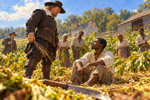 A young Black man in a plain linen shirt sits upright on the ground among cut tobacco plants, looking steadily up at a white man in dark clothes and a broad hat who stands over him with a switch, while field workers watch from the rows.