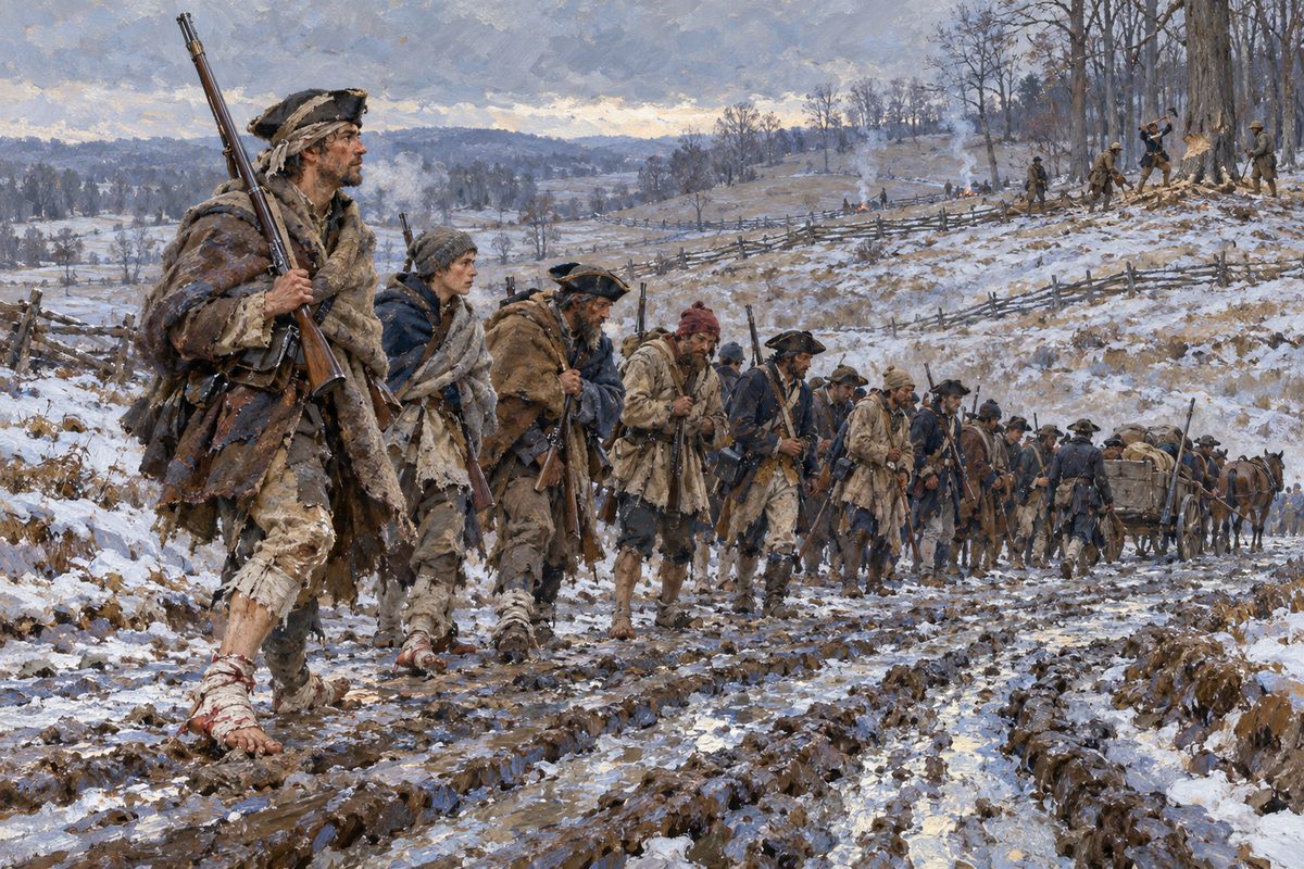 A column of thin, ragged soldiers in blankets and patched coats trudges along a frozen rutted road toward a bare hillside, the nearest man barefoot with bloodied rags on his feet, under a low grey sky.