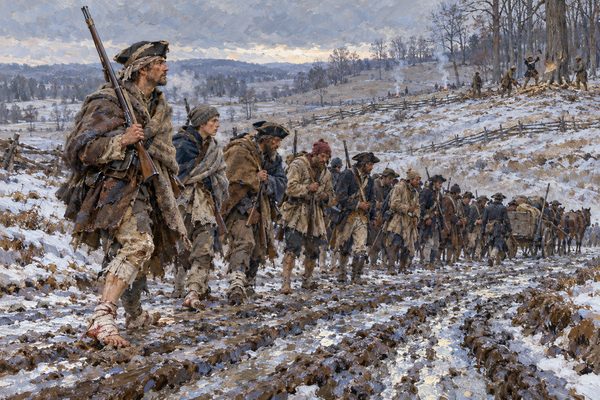 A column of thin, ragged soldiers in blankets and patched coats trudges along a frozen rutted road toward a bare hillside, the nearest man barefoot with bloodied rags on his feet, under a low grey sky.