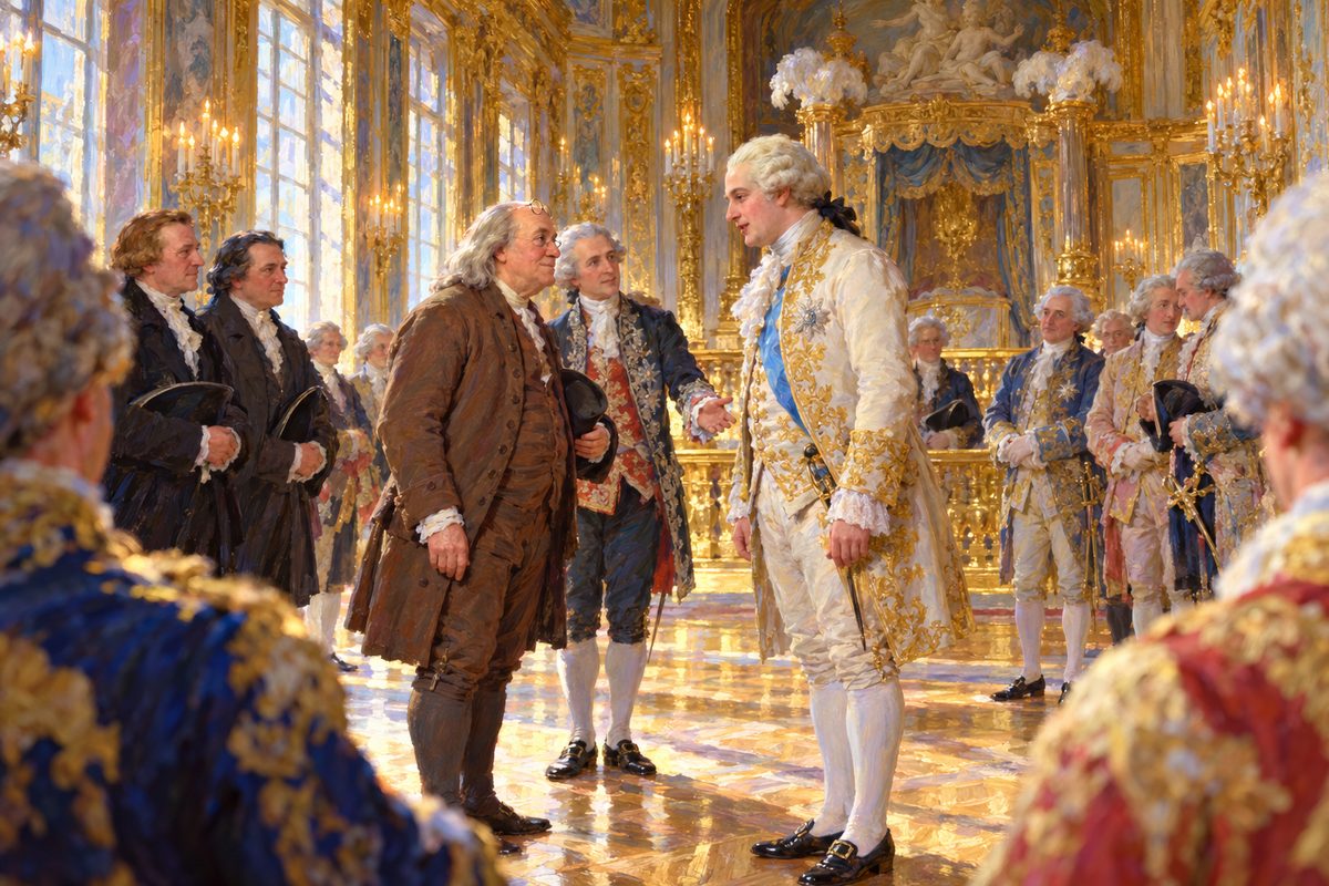 In a gilded chamber an old man in a plain brown coat, his white hair unpowdered, bows slightly before a tall young king in embroidered silk, while courtiers in powder and silk look on before a great canopied bed.