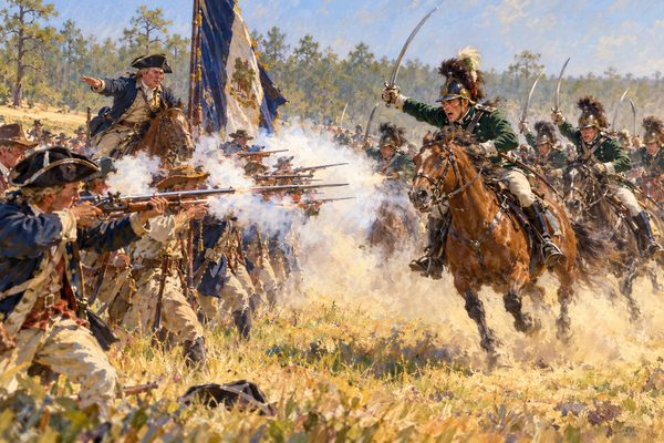 On open ground a young officer in a green jacket and plumed helmet leads a line of galloping dragoons with raised sabres into a thin line of musket-armed infantry firing through white smoke as a mounted colonel gives the order.
