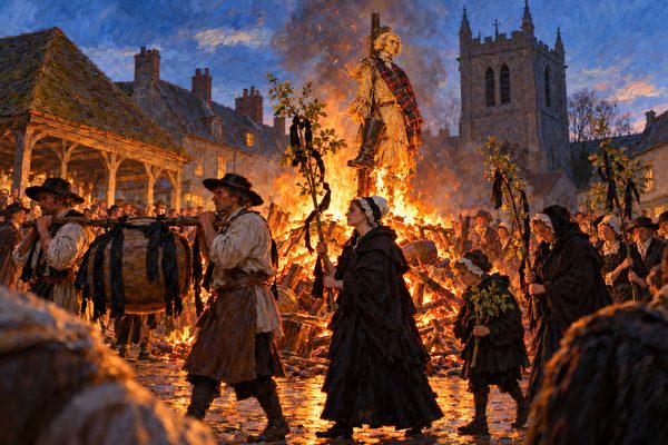 At dusk in a market square, townspeople in black carry an empty cider cask hung with crape and young apple trees round a roaring bonfire where a straw figure in a plaid burns on a post, a church tower behind.