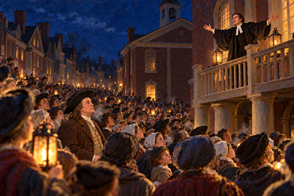 At night a young man in a black gown and white bands spreads his arms from a brick gallery, lit by lanterns, while a packed street of hatted men and women looks up in silence, a stout man in a plain coat among them.