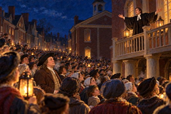 At night a young man in a black gown and white bands spreads his arms from a brick gallery, lit by lanterns, while a packed street of hatted men and women looks up in silence, a stout man in a plain coat among them.